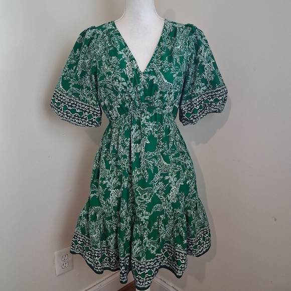 Lilly Pulitzer Kentlee Puff Sleeve Cotton Dress In Fiddle Leaf Safari Size 6 - Picture 2 of 13